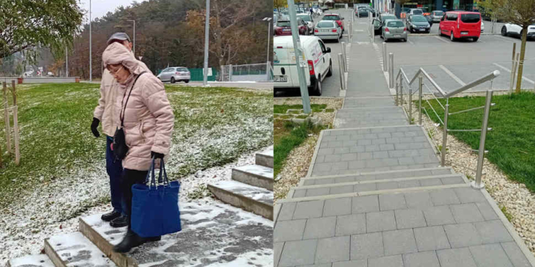 Megépítette a budakeszi Lidl a korlátot a 22-es busz megállójától a szupermarkethez vezető lépcső oldalán